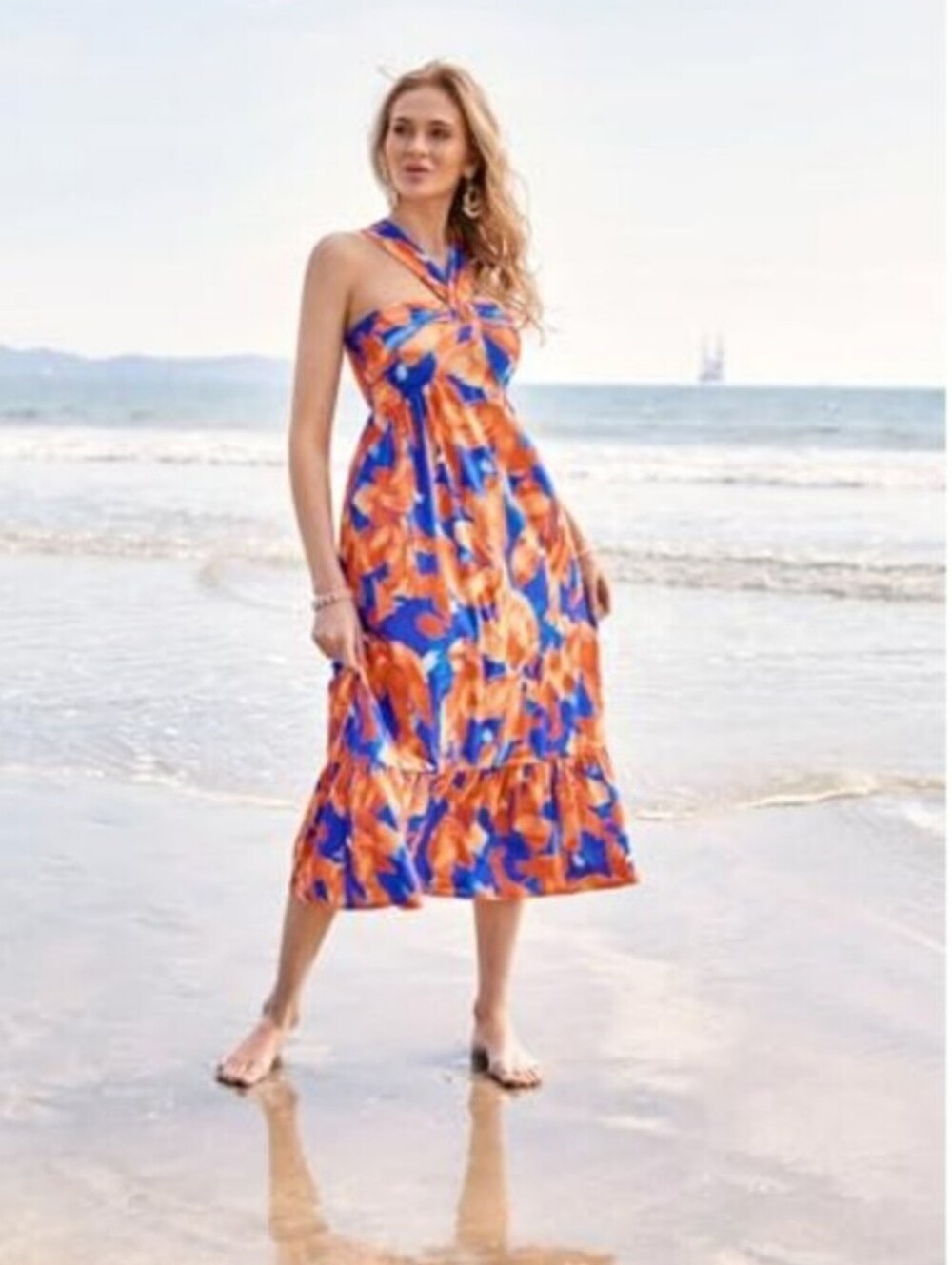 Grace Karin Criss Cross Halterneck Blue and Orange Summer Floral  Dress Sz M NWT